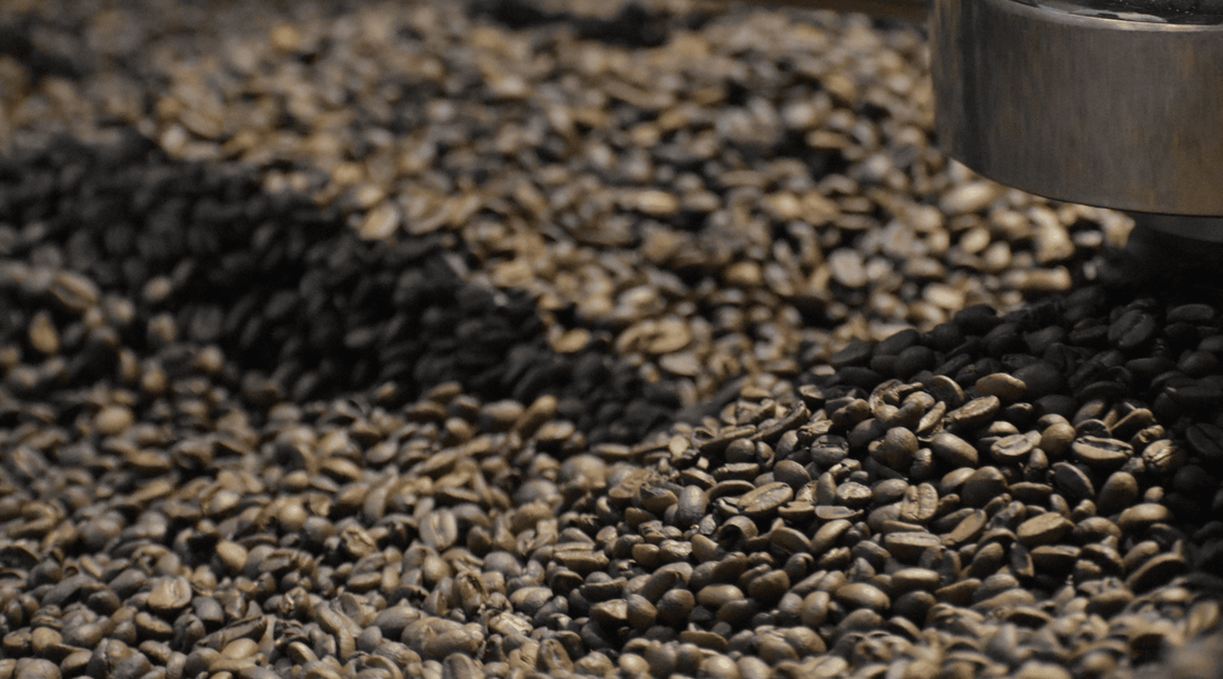 Close-up of dark roasted and medium roasted coffee beans on a surface, highlighting their rich colors and textures.