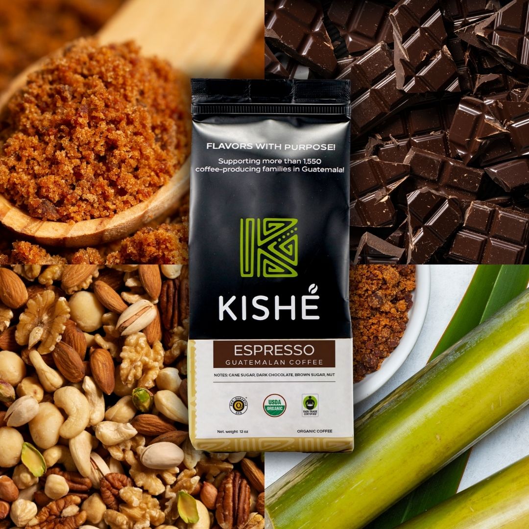 Kishé Espresso Guatemala coffee package surrounded by ingredients like chocolate, nuts, and sugar.