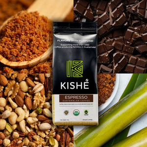 Kishé Espresso Guatemala coffee package surrounded by ingredients like chocolate, nuts, and sugar.